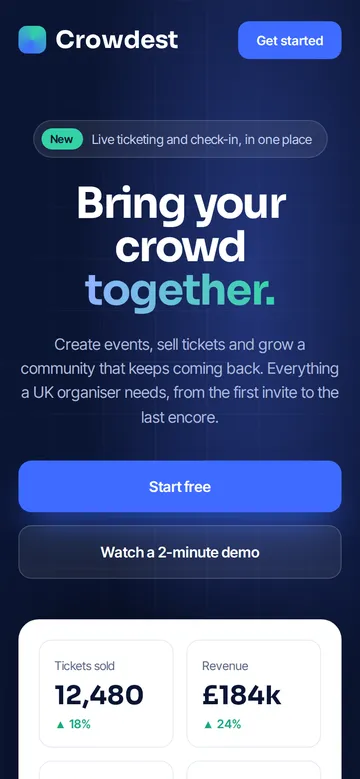 crowdest.co.uk redesign on a phone