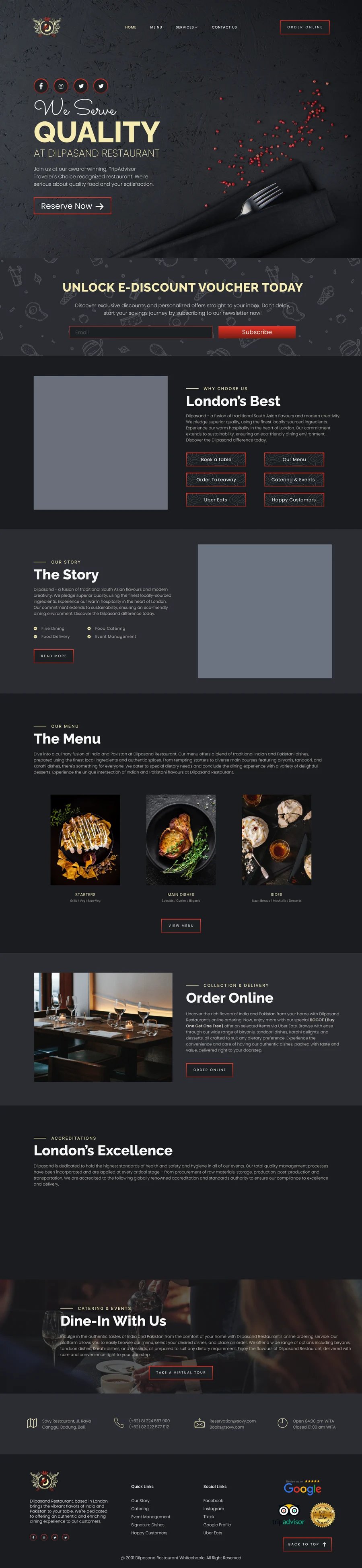 The Dilpasand restaurant website, scrolling from the We Serve Quality hero through the menu, online ordering and dine-in sections