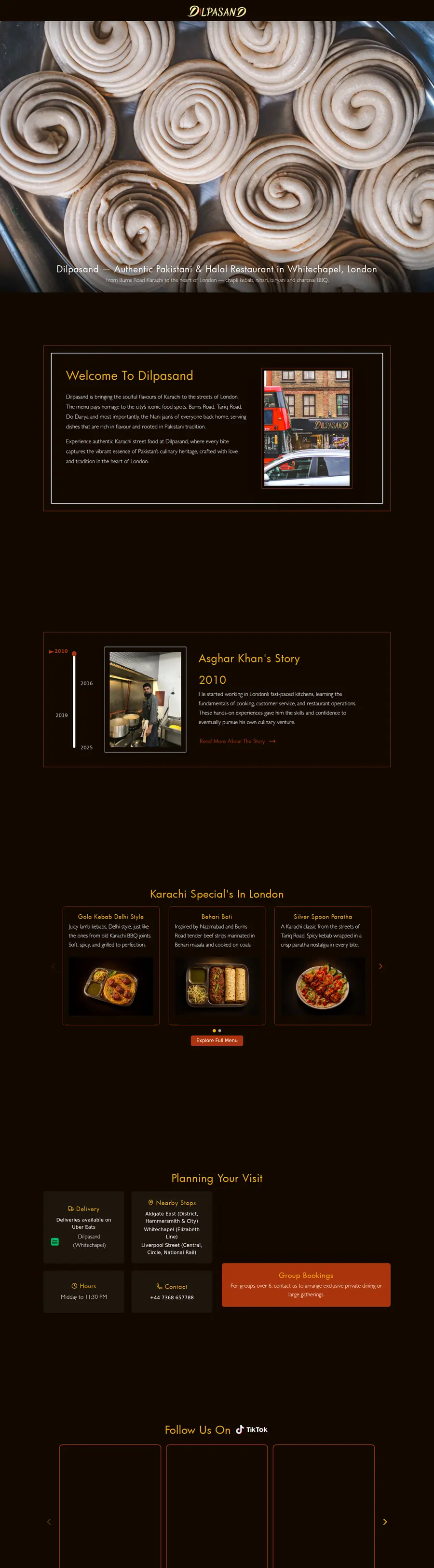 The Dilpasand restaurant website, scrolling through its story, menu and reviews