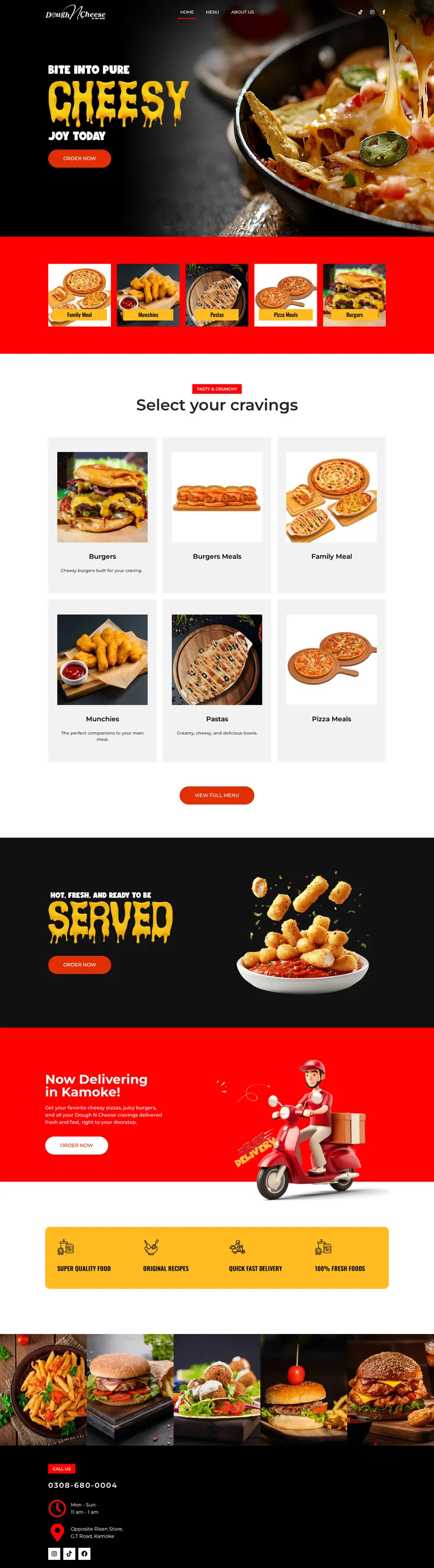 The Dough n Cheese website, scrolling from the cheesy hero through the menu