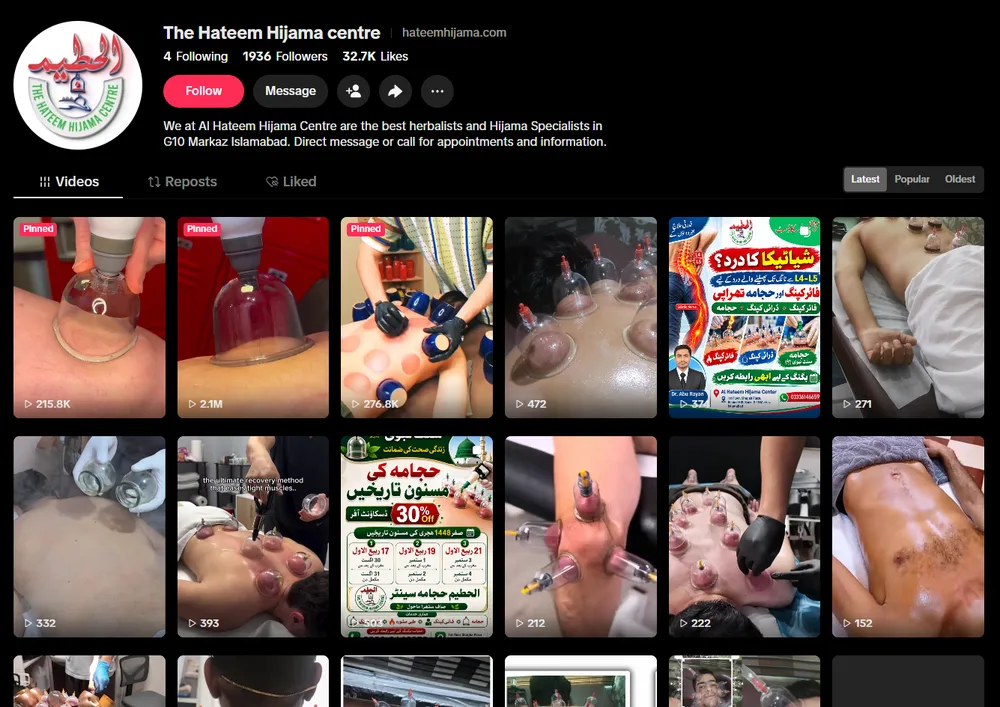 Al Hateem Hijama Centre TikTok profile, including a video with 2.1 million views