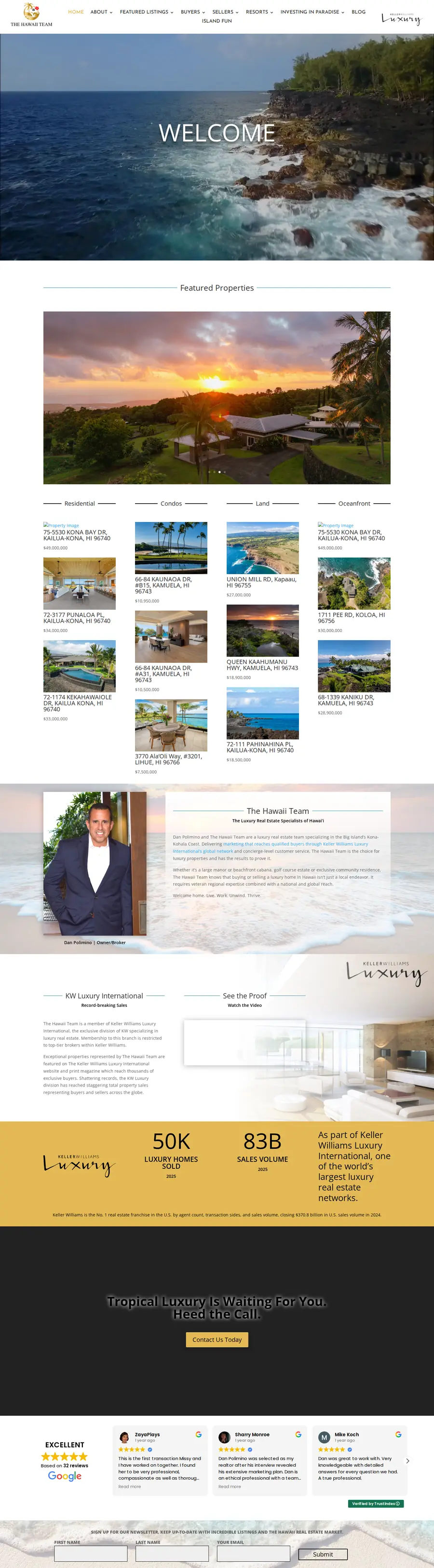 The Hawaii Team website, scrolling from the ocean hero through featured properties