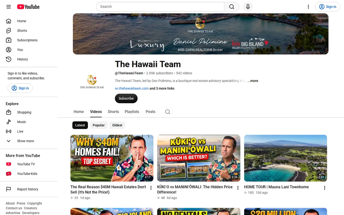 The Hawaii Team YouTube channel with property tour videos