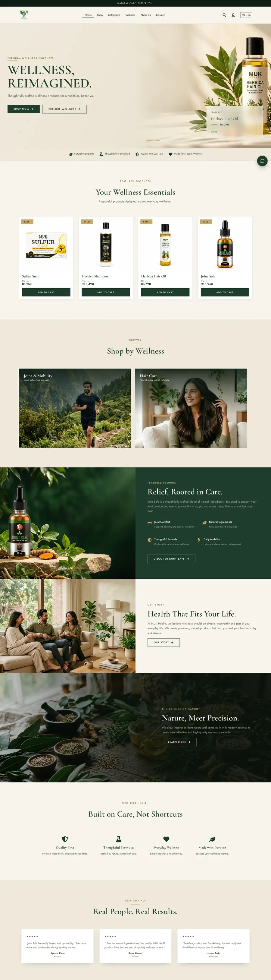 The MUK Health website homepage, scrolling from the hero to the product range