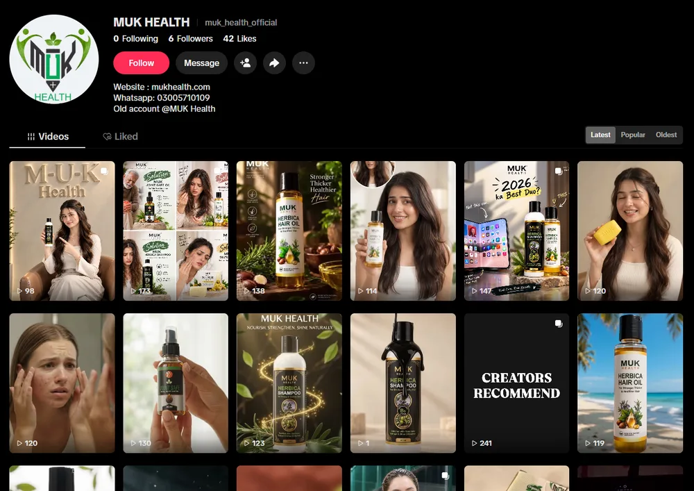MUK Health TikTok profile with product videos