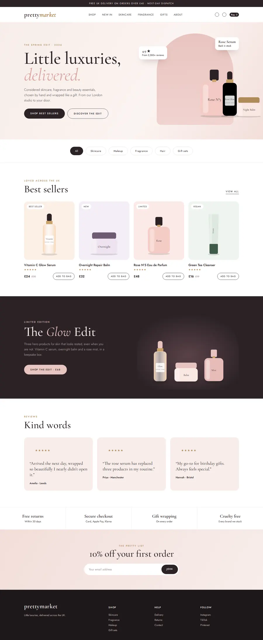Prettymarket website redesign, scrolling from the hero through best sellers, the Glow Edit and reviews