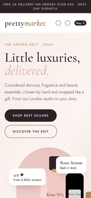 prettymarket.co.uk redesign on a phone