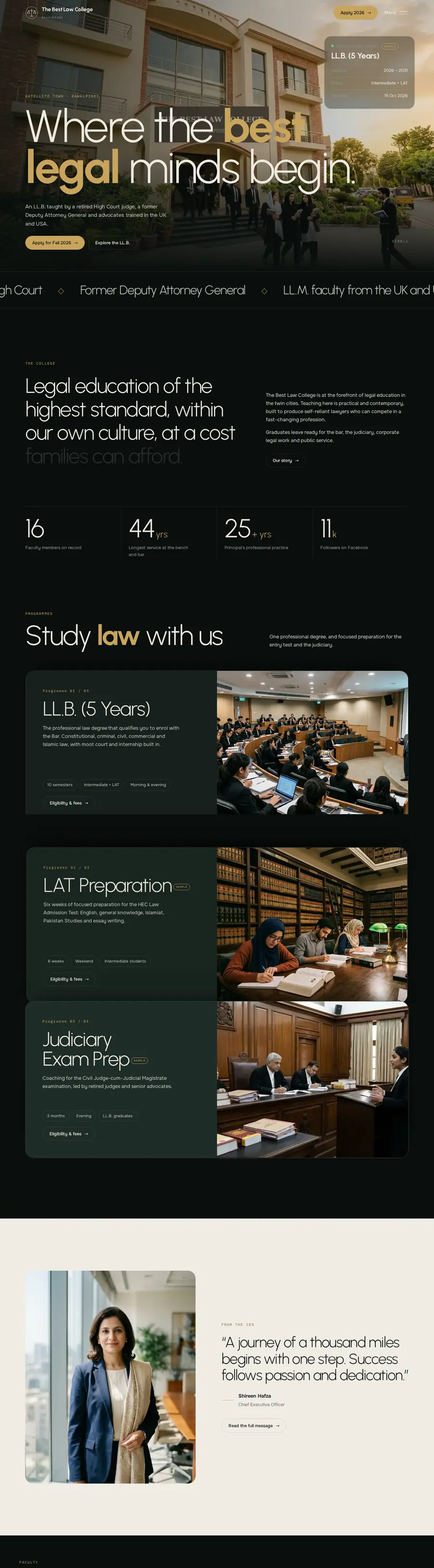 The Best Law College redesign, scrolling from the campus hero through programmes and the CEO message