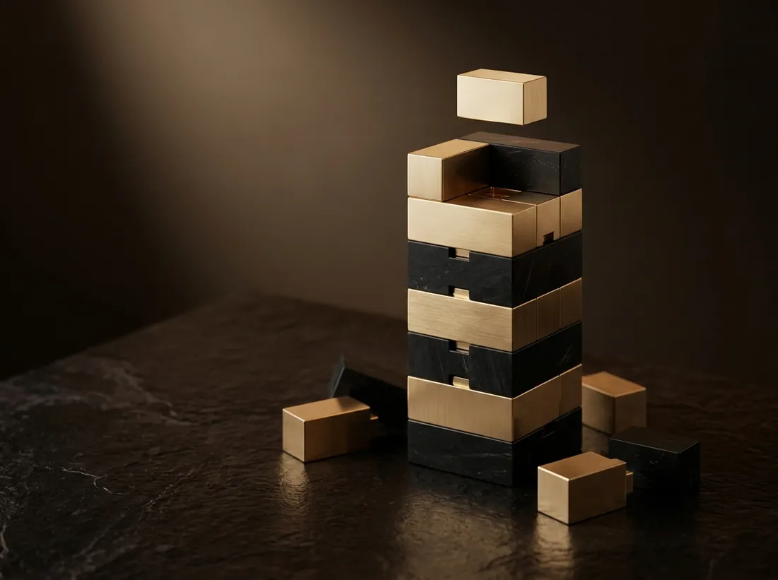 Brass and black blocks stacked into a tower