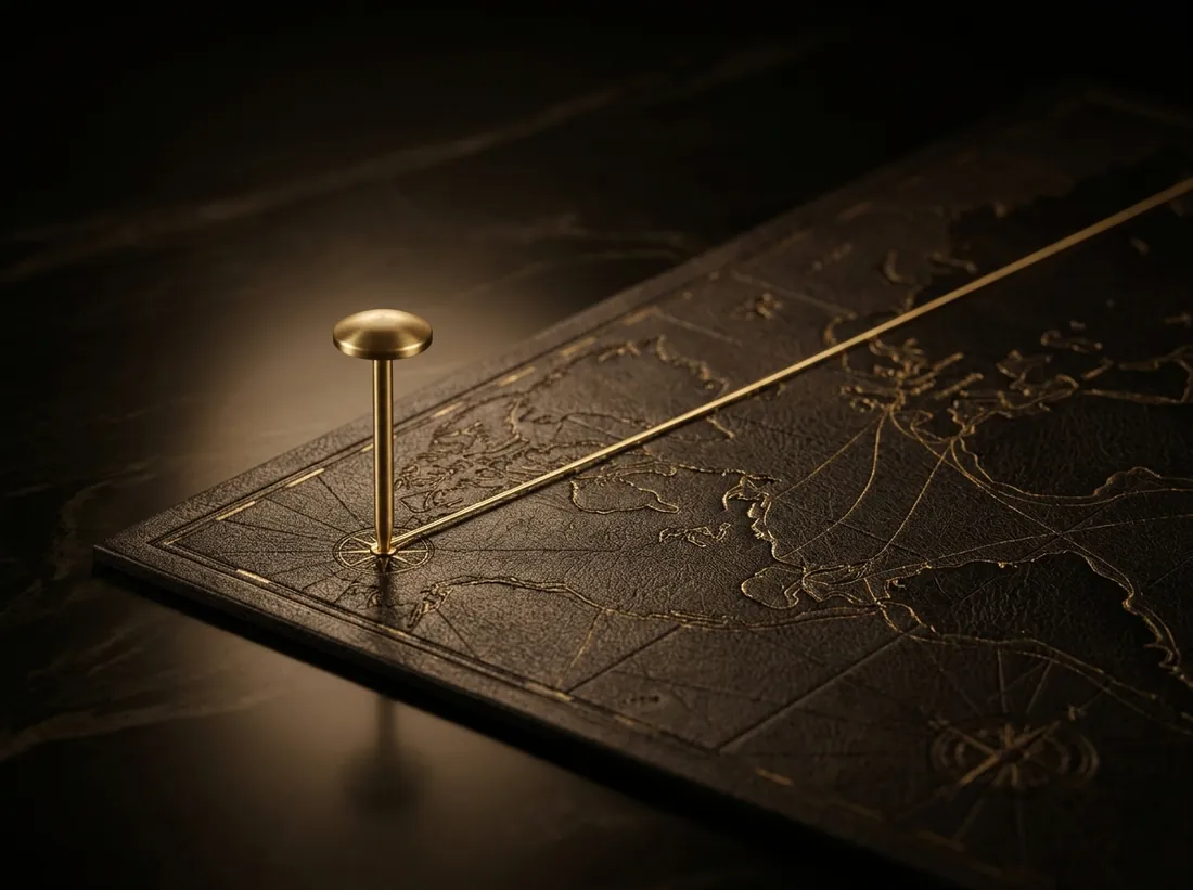A brass pin marking one exact point on a leather map