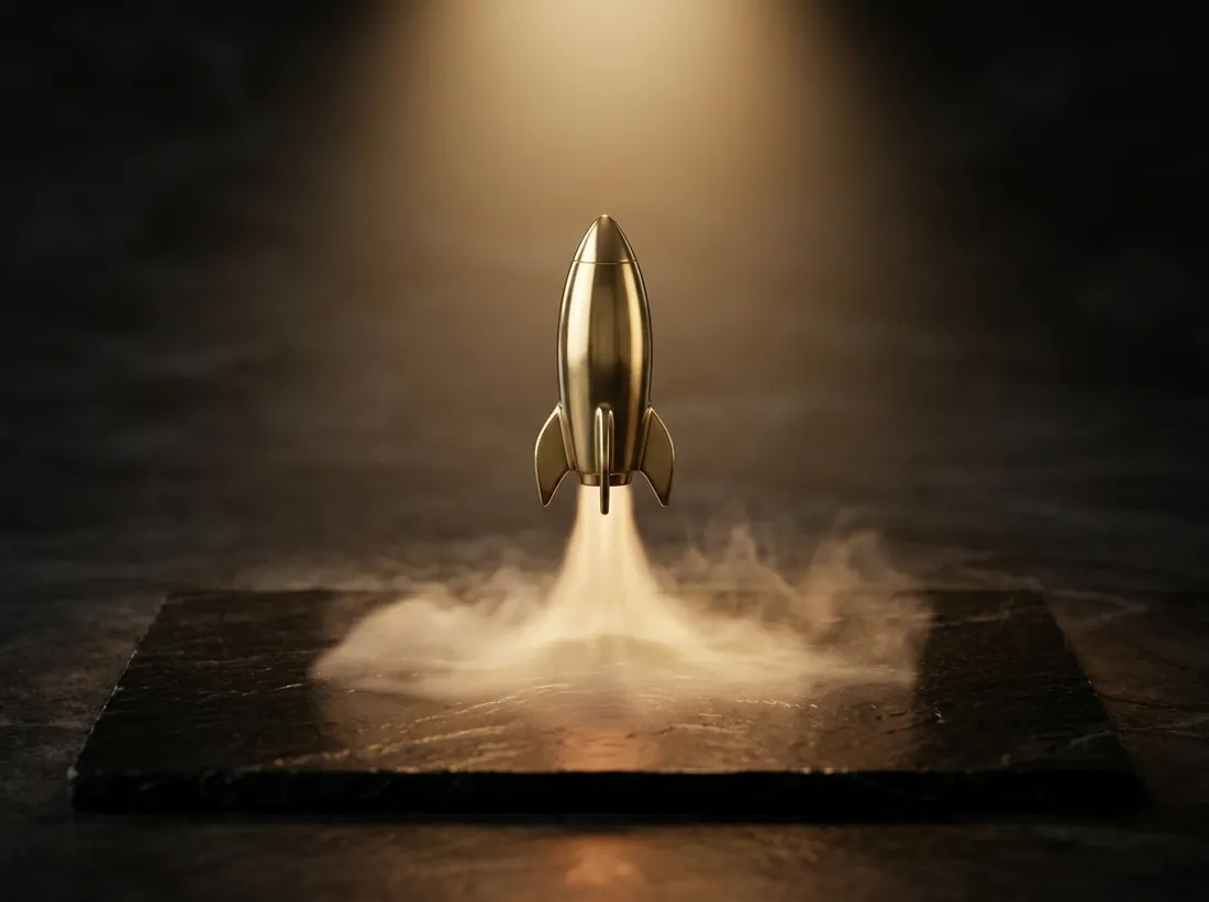 A brass rocket lifting off a stone surface