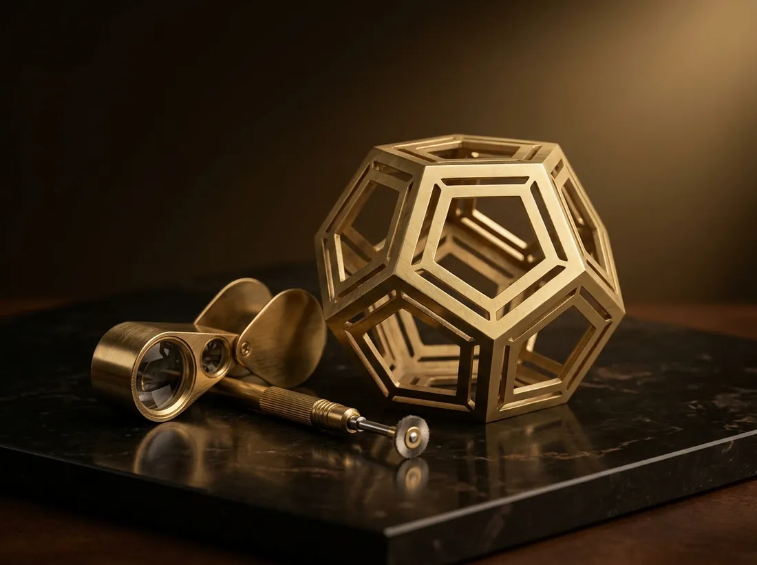 A jeweller’s loupe beside a polished brass object